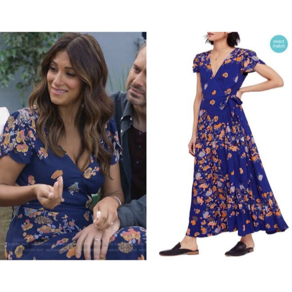 Free People Floral Jess Wrap Maxi Dress Navy Blue Sz S